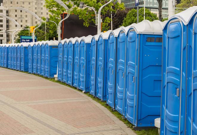 hygienic and sanitized portable restrooms for use at a charity race or marathon in Bellerose